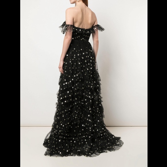 Marchesa Notte Off Shoulder Polka Dot Sequin Gown - Picture 3 of 12